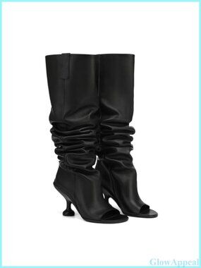 Kapxumo Women's Leather Knee High Boots Open Square Toe Pull On Wide Calf